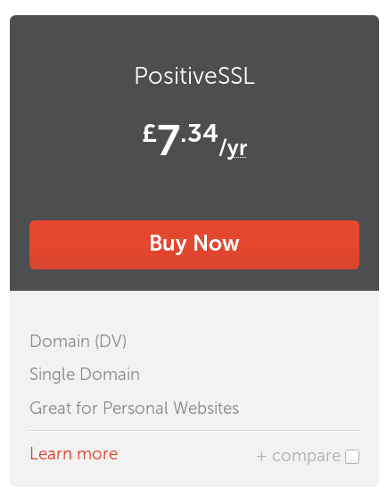 An advert for SSL certification in light and dark grey, with a large rectangular red button in the middle that reads 'Buy Now'