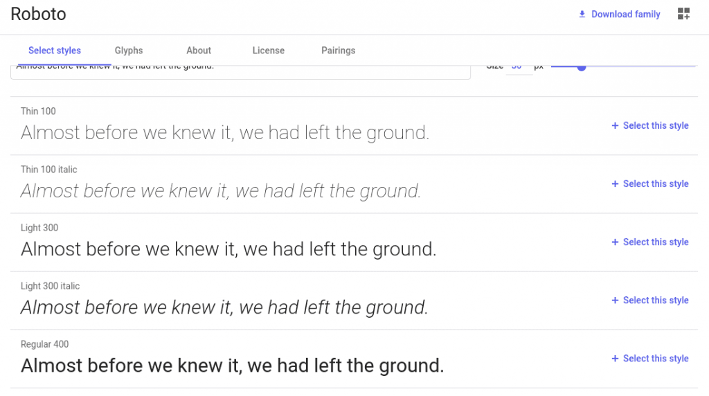 An image of the different weights of the Roboto font available on Google Fonts