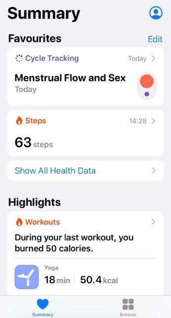 'Summary' menu of Apple's 'Health' app