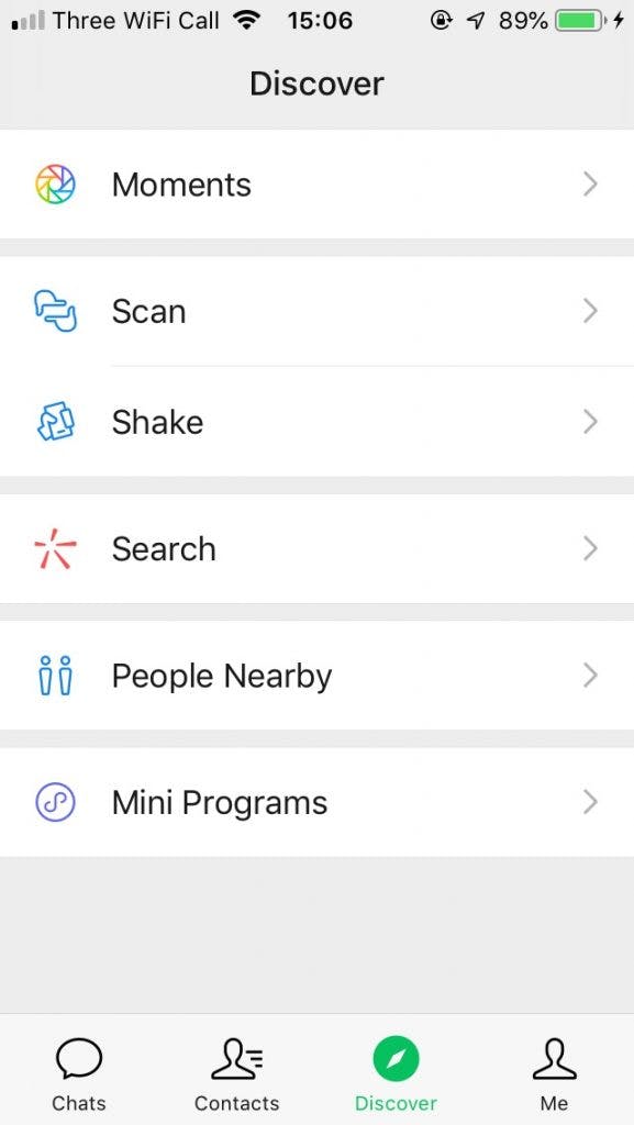 The 'Discover' menu of the WeChat app