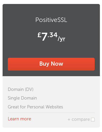 An advert for SSL certification in light and dark grey, with a large rectangular red button in the middle that reads 'Buy Now'