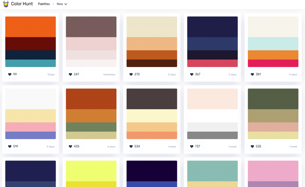 A screenshot from 'Colorhunt.co', showing an array of colour palettes