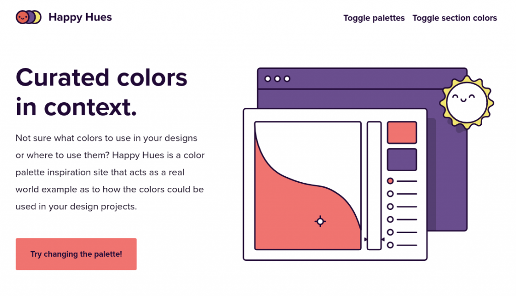 a screenshot of the Happy Hues website. Text says 'curated colors in context' and there is an illustration in pink and purple of an interface.