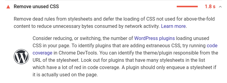 An example of something you don't want to see on an analysis of a small business website. 'Remove Unused CSS'