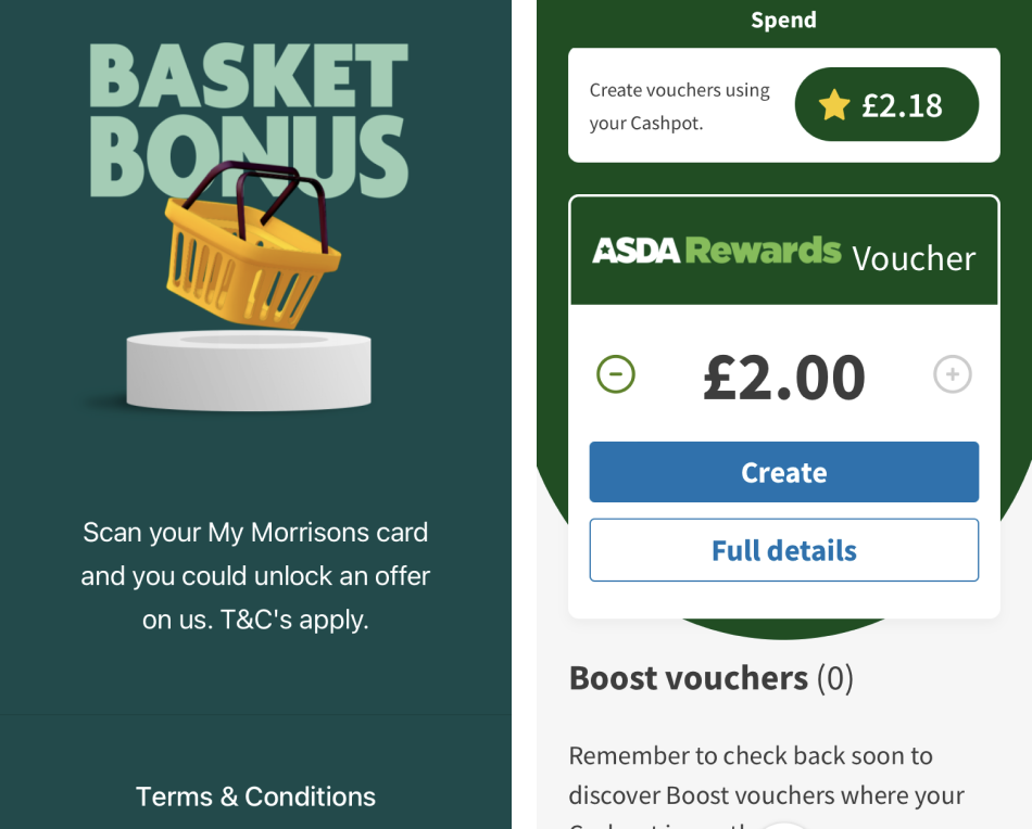 ASDA Rewards' basket bonus and fun voucher creation functionality give the user more perceived control