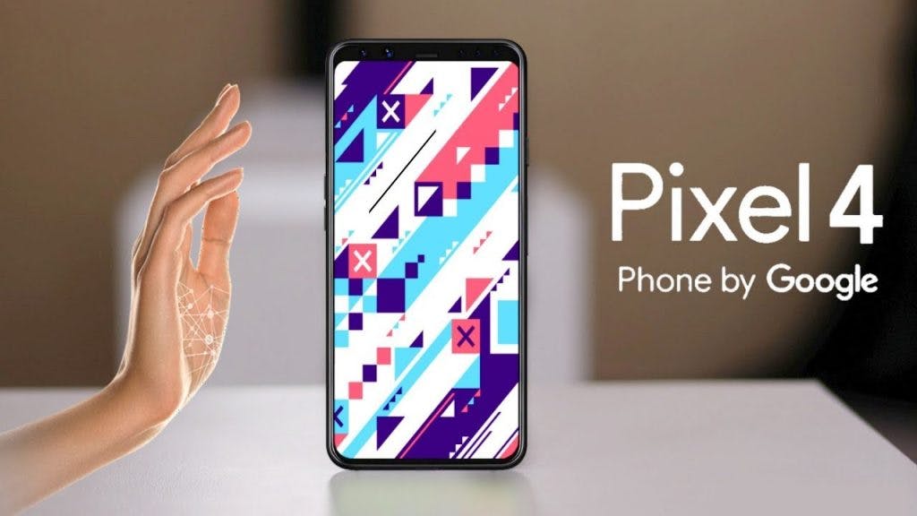 an official advert for the Pixel4 with a hand to the left of the Pixel displaying a gesture towards the phone