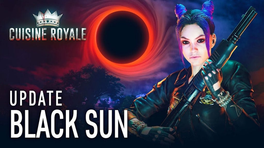 promotional shot for the game 'Cuisine Royal' from gaijin entertainment. It depicts a woman in a leather jacket holding a large rifle, with a black sun in the background.